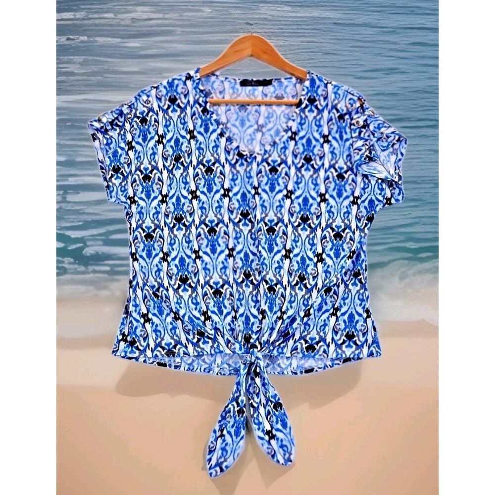 Cure Women's Top Tie Front Shirt Blue Grey Black Blouse Geometric Medium